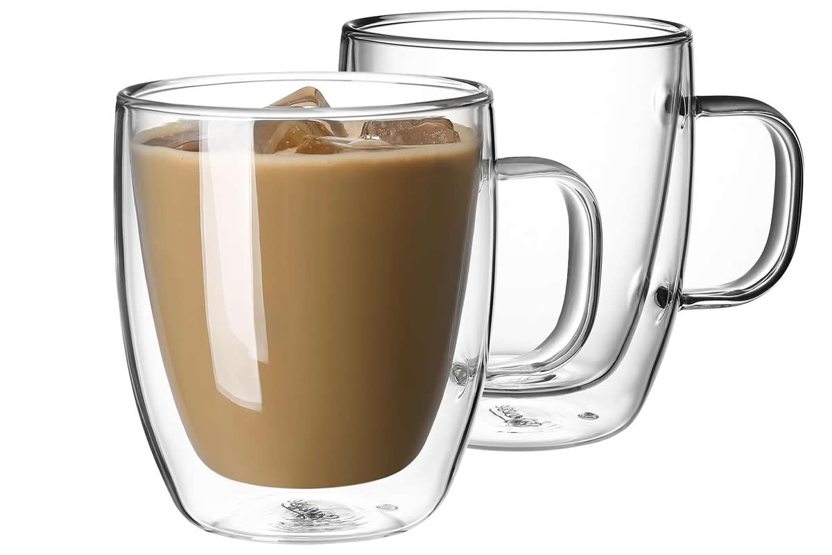 Double wall glass mug. Clear coffee mugs.