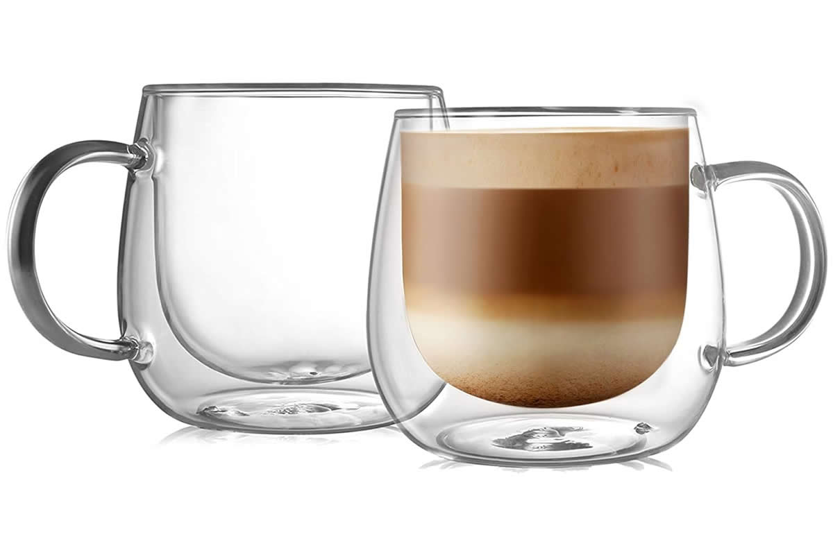 Double wall 16oz glass mug. Clear coffee mugs.