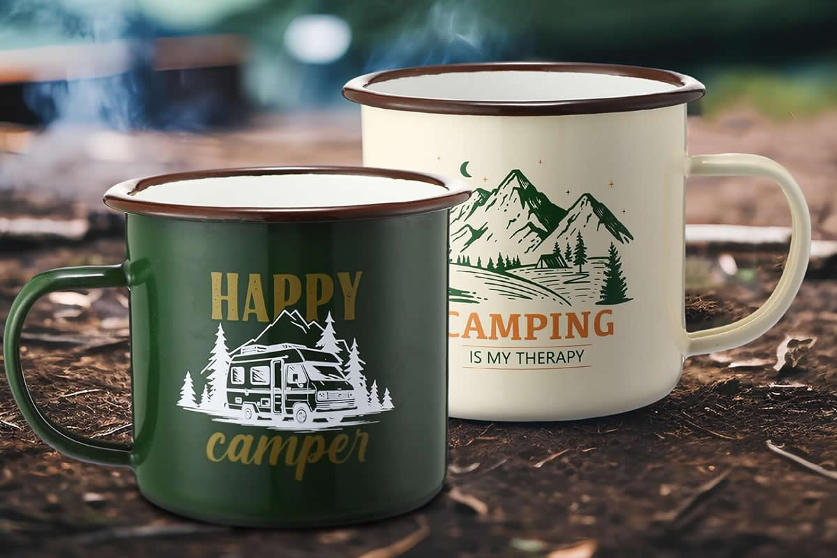 Enameled carbon steel camping Mug. Happy Campers.