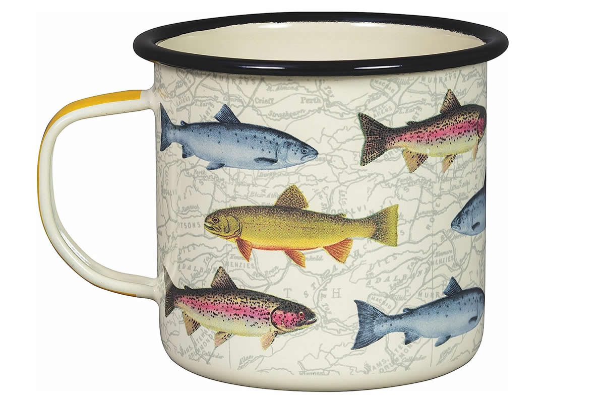 Enamel camping mug, with multiple fish images. Fish Mug.