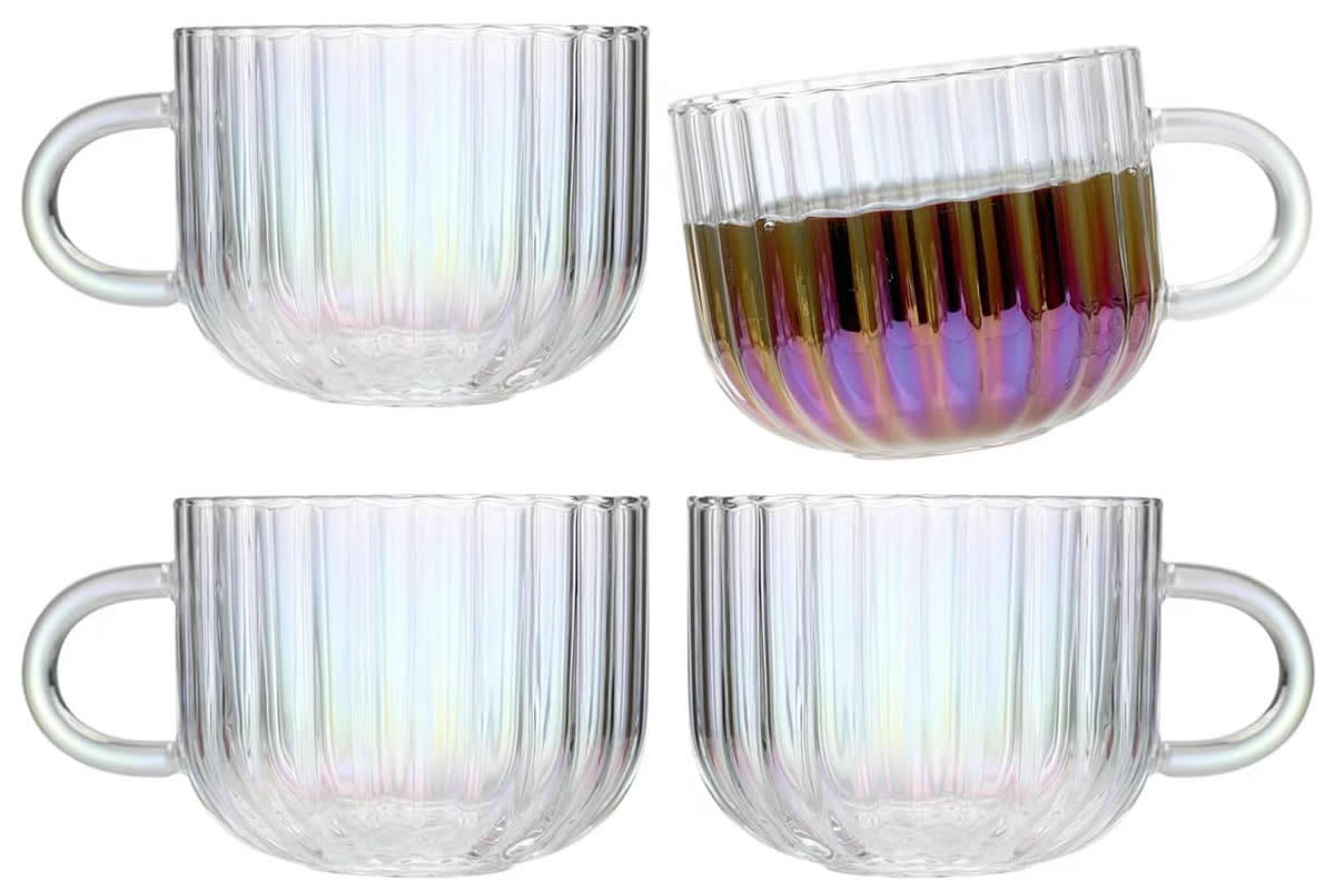 Iridescent glass coffee mugs.