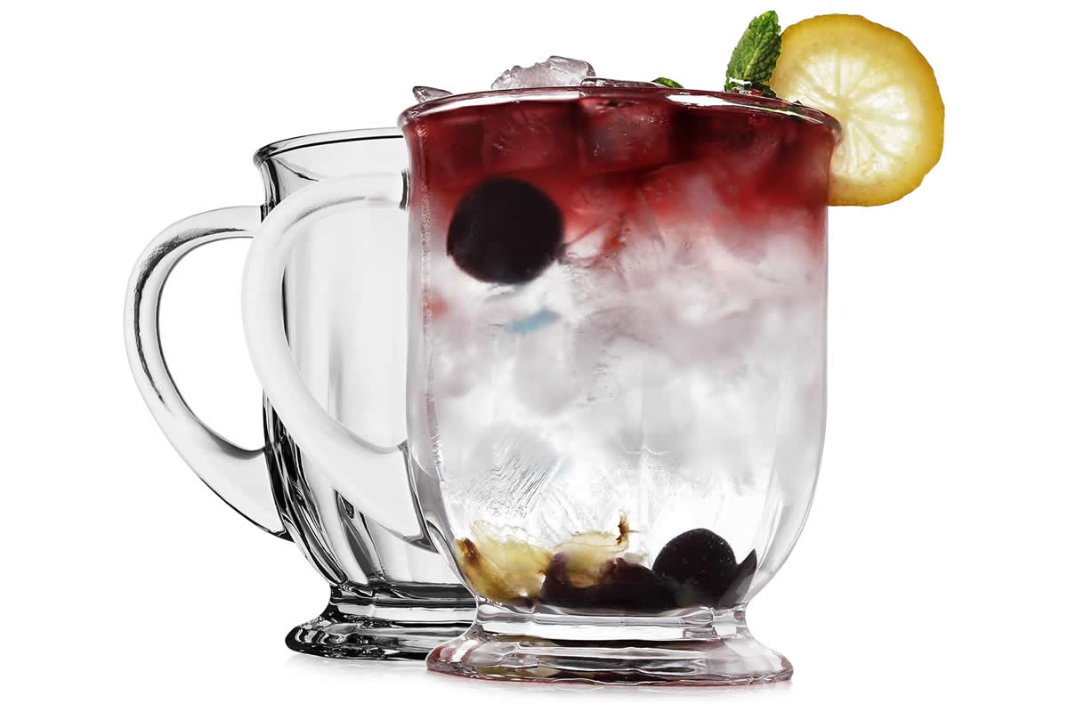Large clear glass coffee mug.