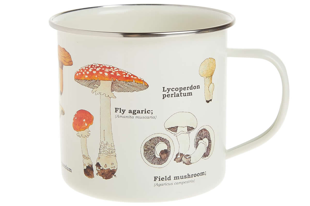 Enamel camping mug, with multiple mushroom images. Mushroom Mug.