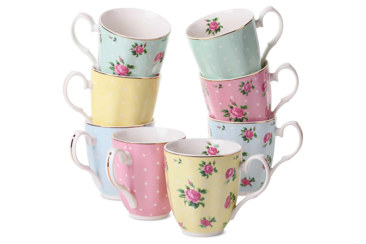 Tea and Coffee Mugs. They come in a variety of sizes and shapes, often with a handle for easy grip.