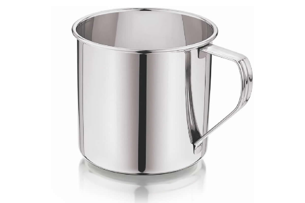 Stainless steel mug.