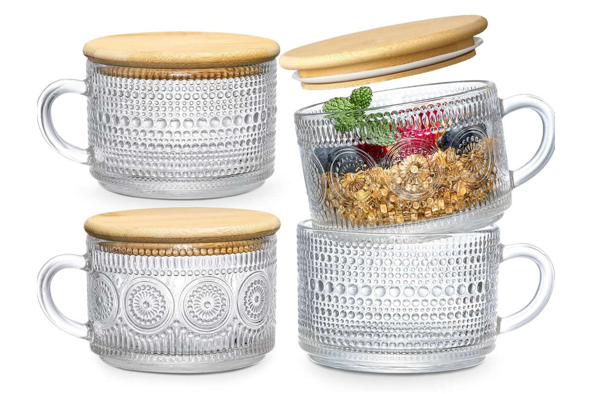 Vintage glass coffee mugs with bamboo lids.